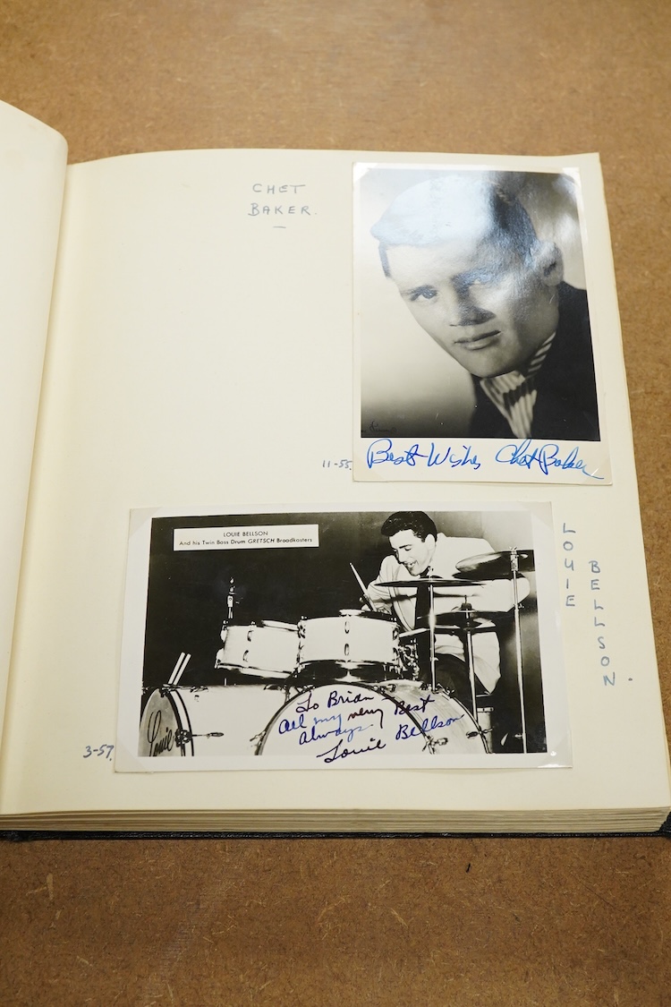 An album containing a wide selection of autographed publicity photographs of jazz and blues artists, including; Louis Armstrong, Chet Baker, Louis Bellson, Dave Brubeck, June Christy, Nat King Cole, Paul Desmond, Duke El